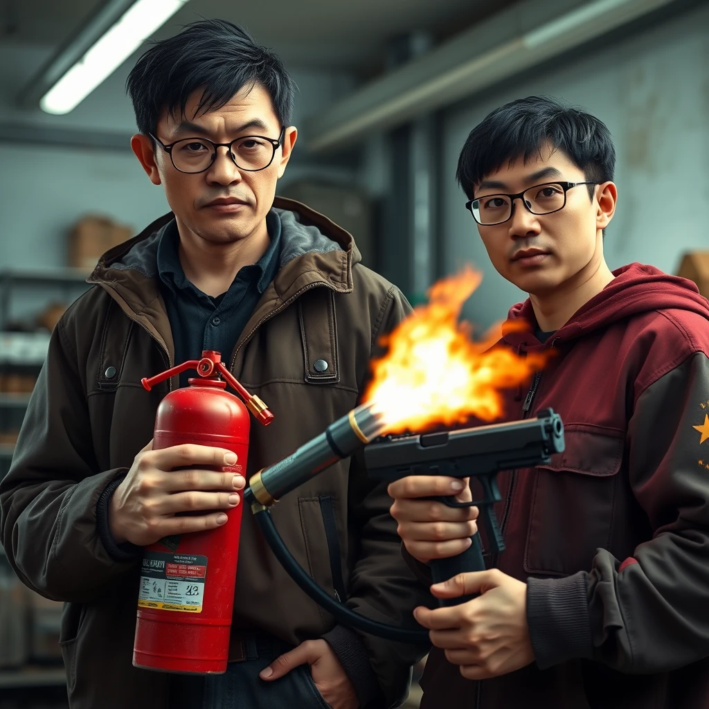 Two-person set, two men, one Caucasian man, one Northern Chinese man, they are together in a garage setting. Here are the details, and I want every detail with accuracy. 

The first one (Italian white man) has these features: he's rather thin and has round prescription glasses. He also has short black hair and is holding a very large fire extinguisher flamethrower.

The second one (Northern Chinese man) has these features: a thin, long face, wears square prescription glasses, and has mid to long fringe black hair. He is holding a pistol.