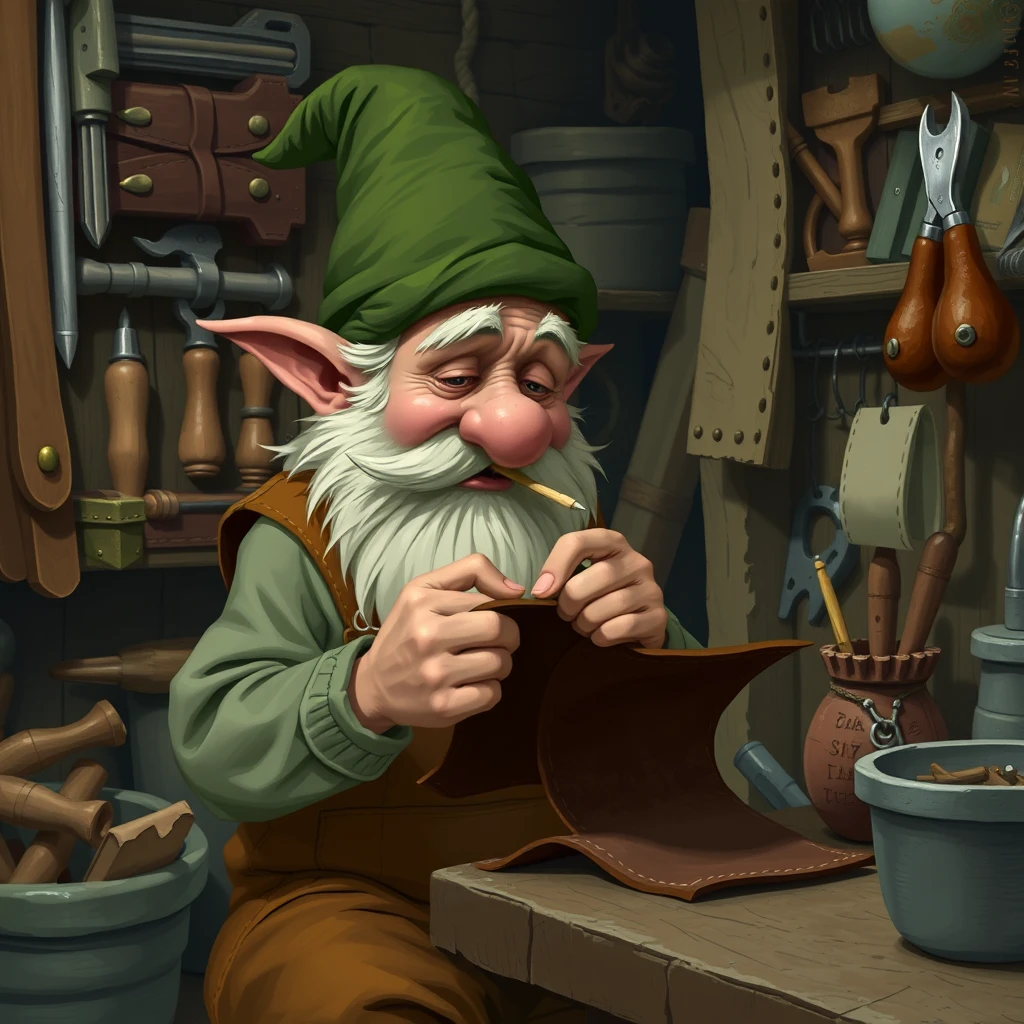 A dwarf with leather overalls and a green fez sewing two dark brown pieces of leather together in a dingy shop filled with tools while chewing on a toothpick.