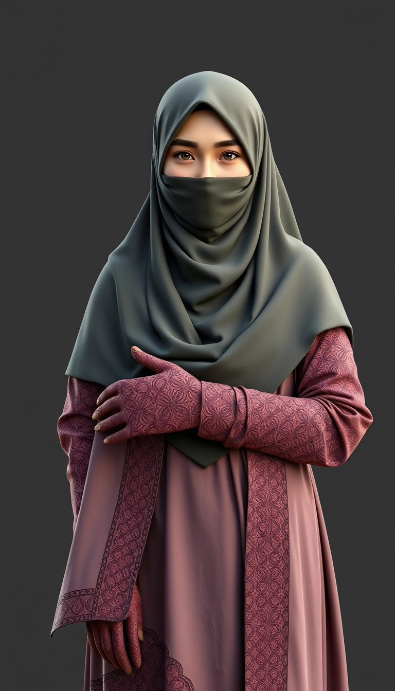 A 3D, 8k depiction of a Muslim woman from Palembang, wearing a traditional long songket and a long gown (gamis). She is adorned with a hijab that covers her chest and wears batik gloves covering her hands.