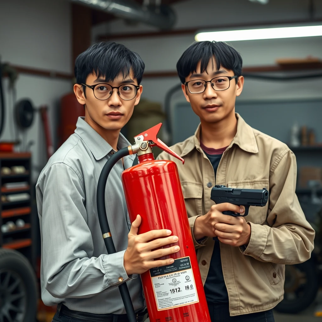 A two-person set featuring two men: one Caucasian white man and one Northern Chinese man, together in a garage setting. 

Details:
The first man, the Caucasian white man, has the following features: he’s rather thin, with round prescription glasses, black short hair, and is holding a very large fire extinguisher that resembles a flamethrower. 

The second man, the Northern Chinese man, has these features: a thin long face, wears square prescription glasses, has mid to long fringe black hair, and is holding a pistol. - Image