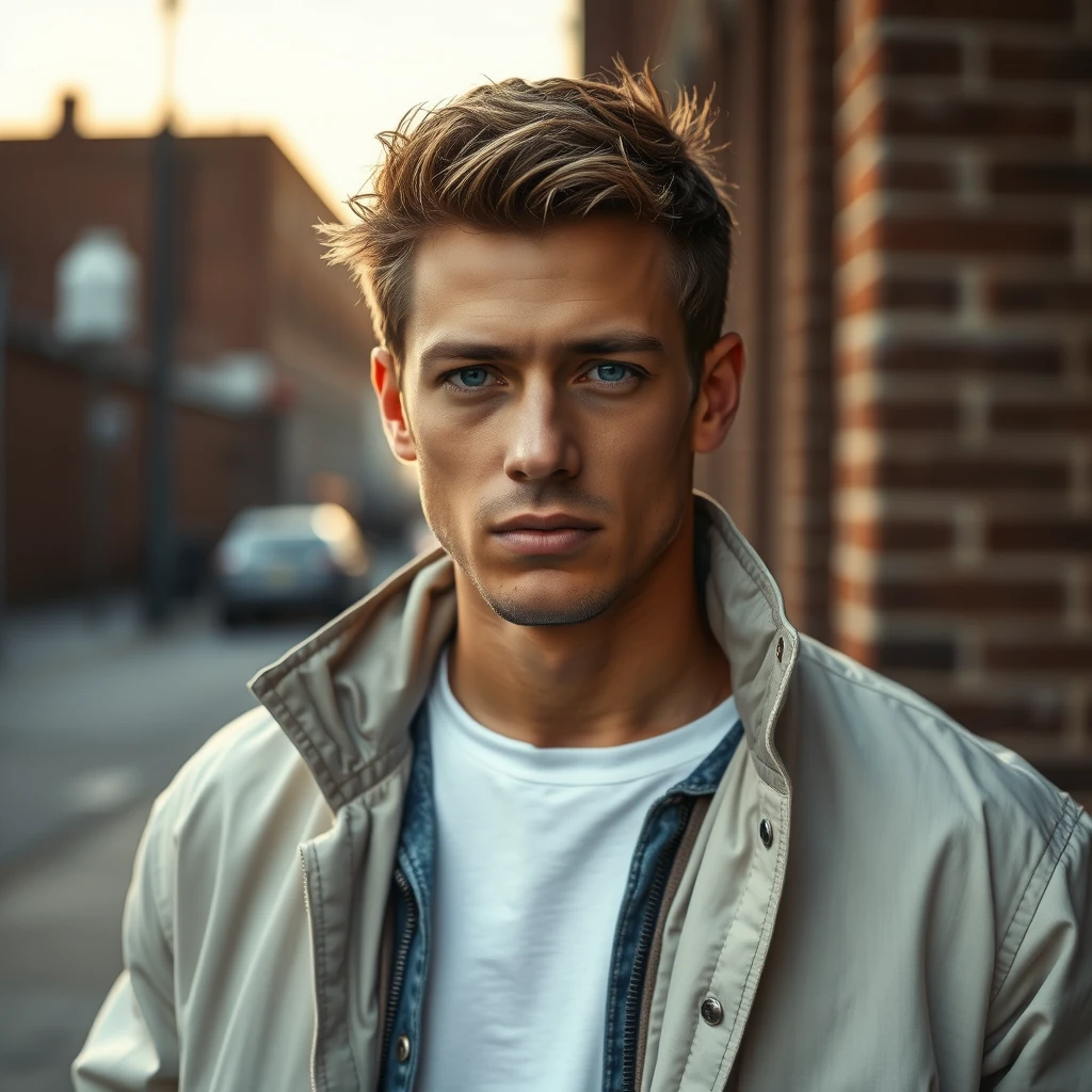 Freddie Prinze head and body shot, handsome, young, serious face, white t-shirt, collage jacket, jeans, sneakers, hyper-realistic, street photography, brick wall, full body photography, sunrise.