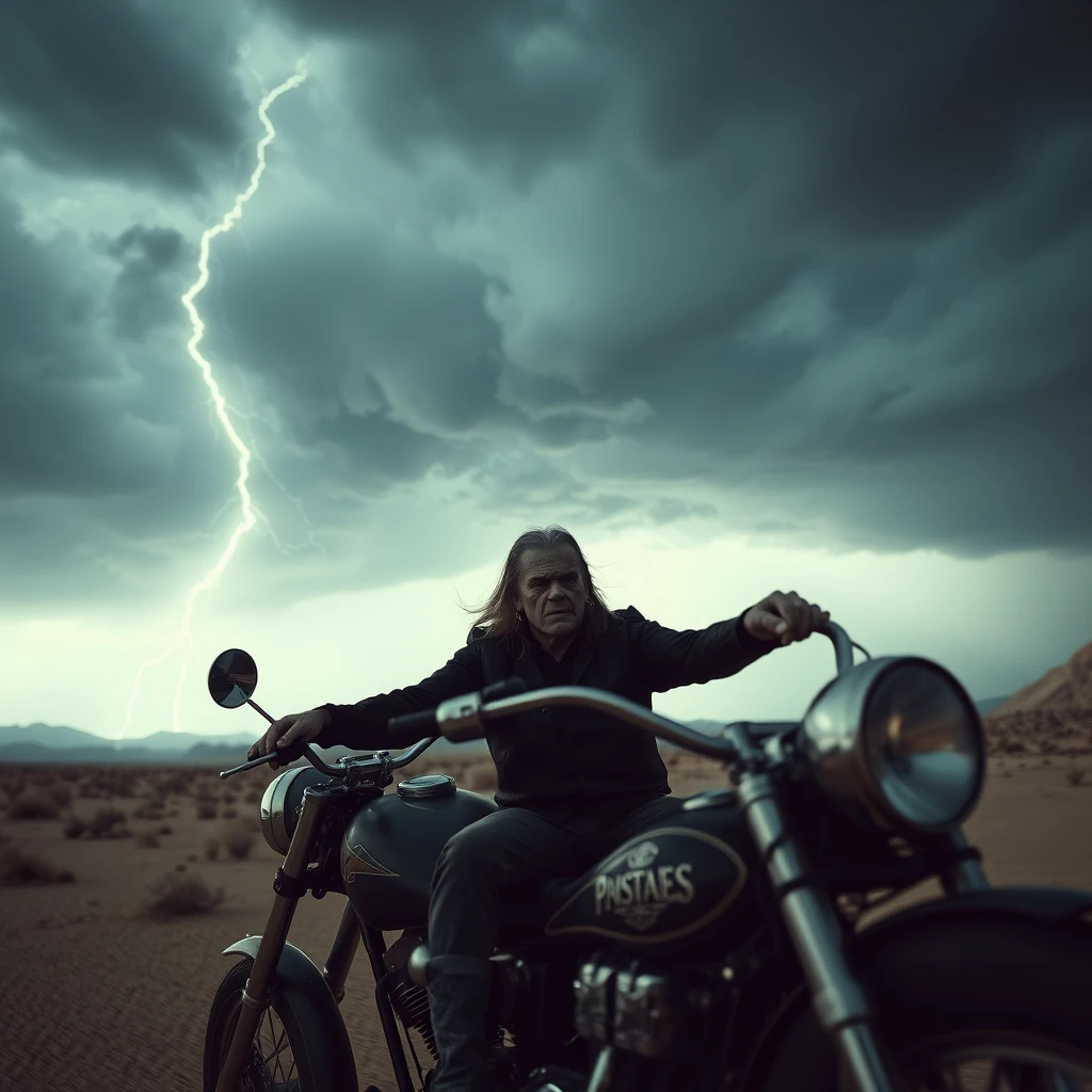 Boris Karloff as Frankenstein with long hair, riding his chopper, a storm is coming across the desert, photo-realistic, 4k.