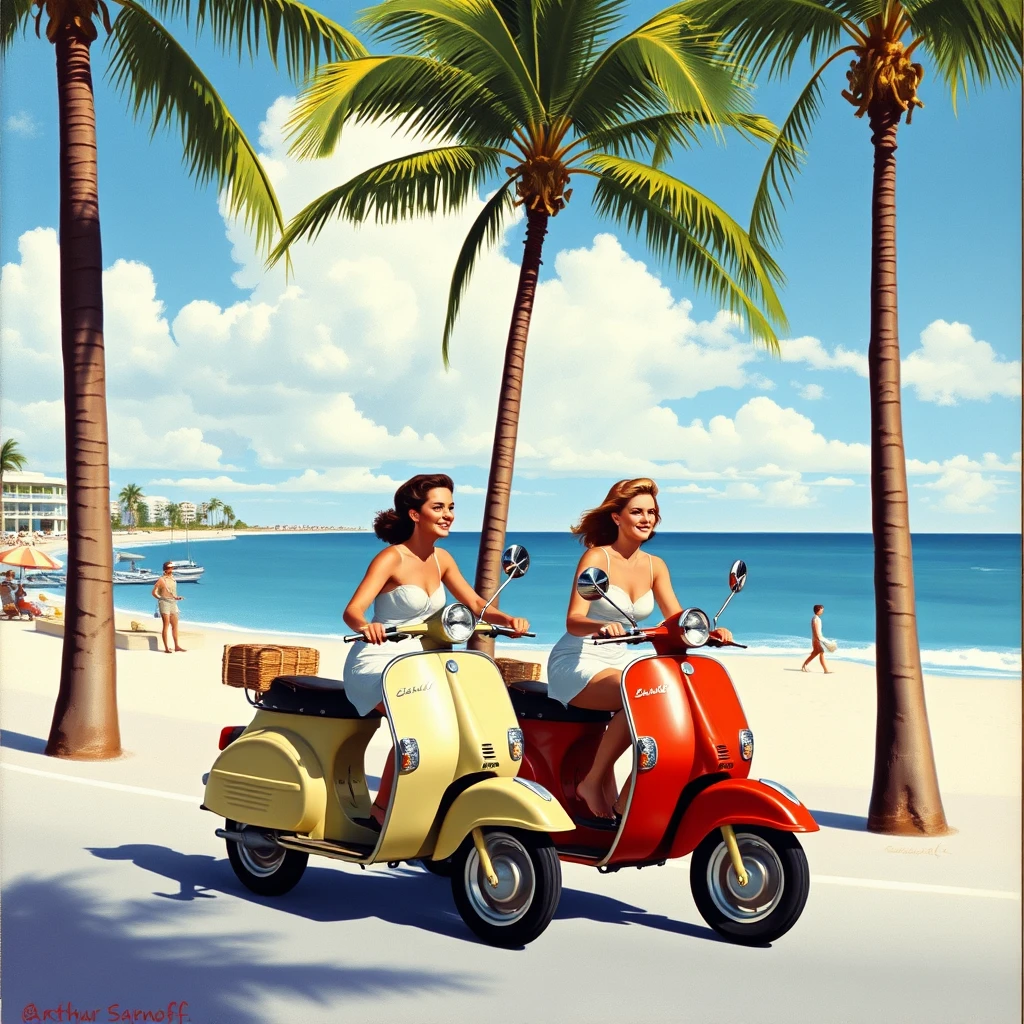 A Miami Beach postcard featuring a couple riding 2 scooters beside each other, from 1956, as painted by Arthur Sarnoff, wide, landscape view.