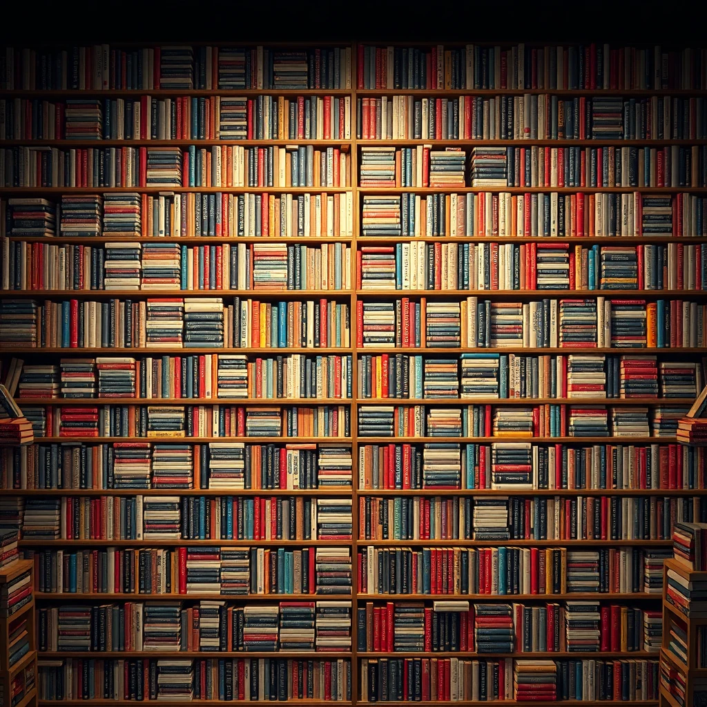 "I need a live stream background, high resolution, preferably a book wall as the background, the colors of the image should not be too bright, the entire wall should be a bookshelf, and there should be no lights at the top." - Image