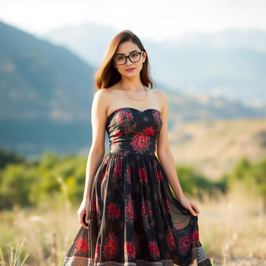 young woman with glasses in strapless dress with full skirt