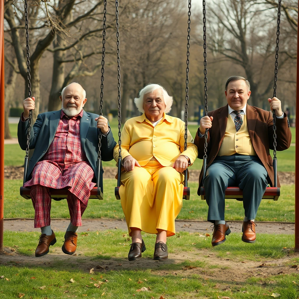 3 Larger older men in park on swings wearing women’s clothes - Image