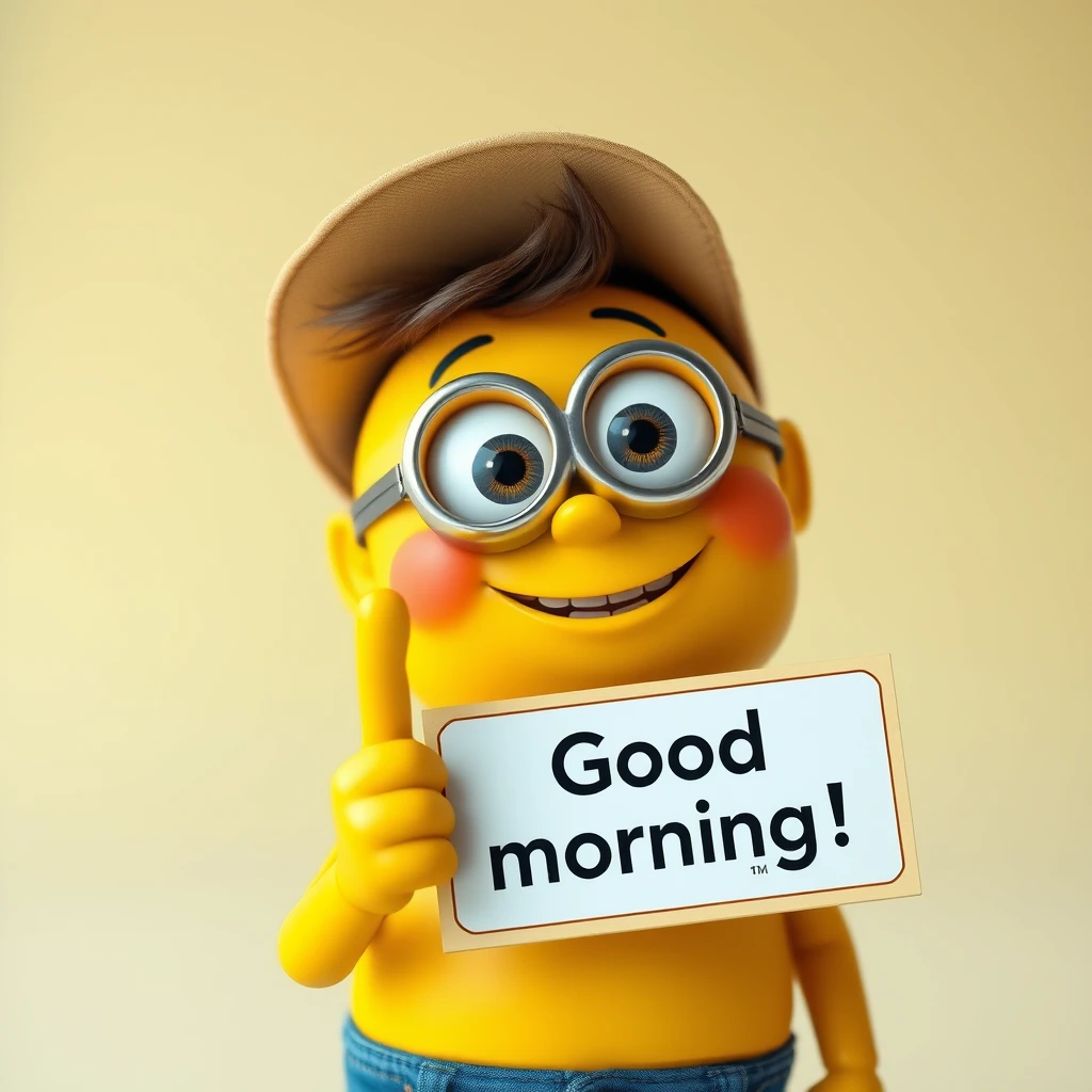 A lifelike little yellow character holding a sign that says "Good morning!" while extending its middle finger forward, with high-quality details, ultra-realistic, HD, 8K, photo.