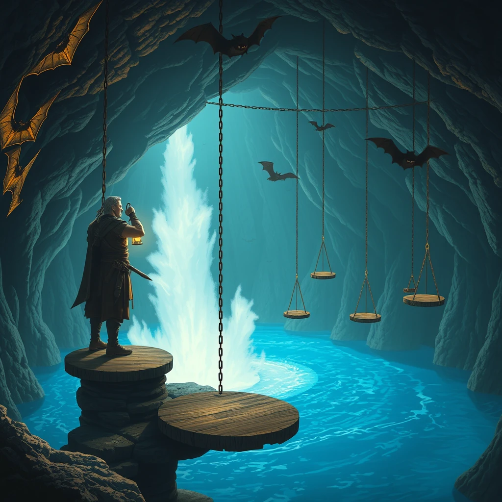 A large cavern, standing on one of the platforms is a male warrior who is holding a lantern. There is blue water filling the bottom of the cavern and a geyser is erupting. Hanging from the ceiling in a row are 10 chains with round wooden platforms at the end of the chain that are suspended above the water. Bats are flying around.