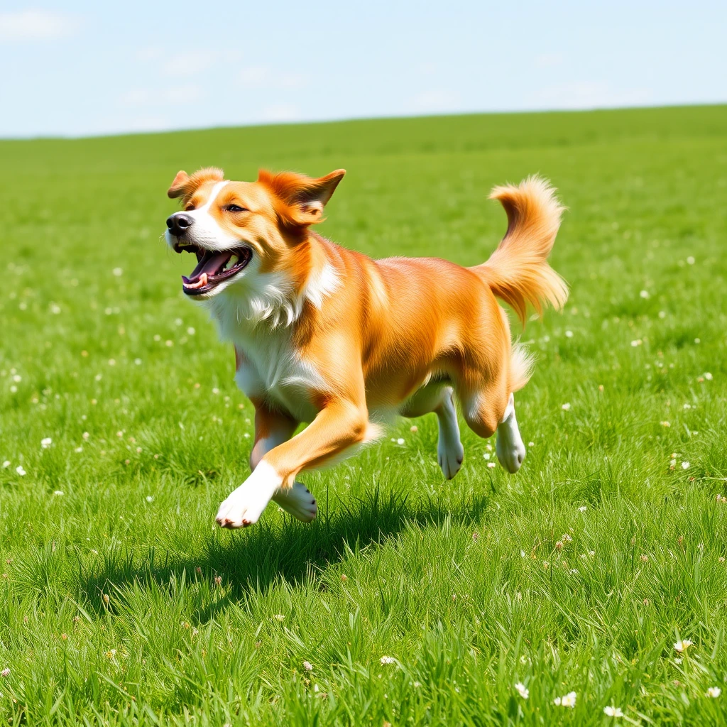 Create a GIF of a joyful dog running energetically on a lush, green grassy field. The dog should be full of life and excitement, with its fur flowing in the wind and its paws lifting off the ground as it runs. The background should be a vibrant green meadow, with clear blue skies above and a sense of freedom and happiness.