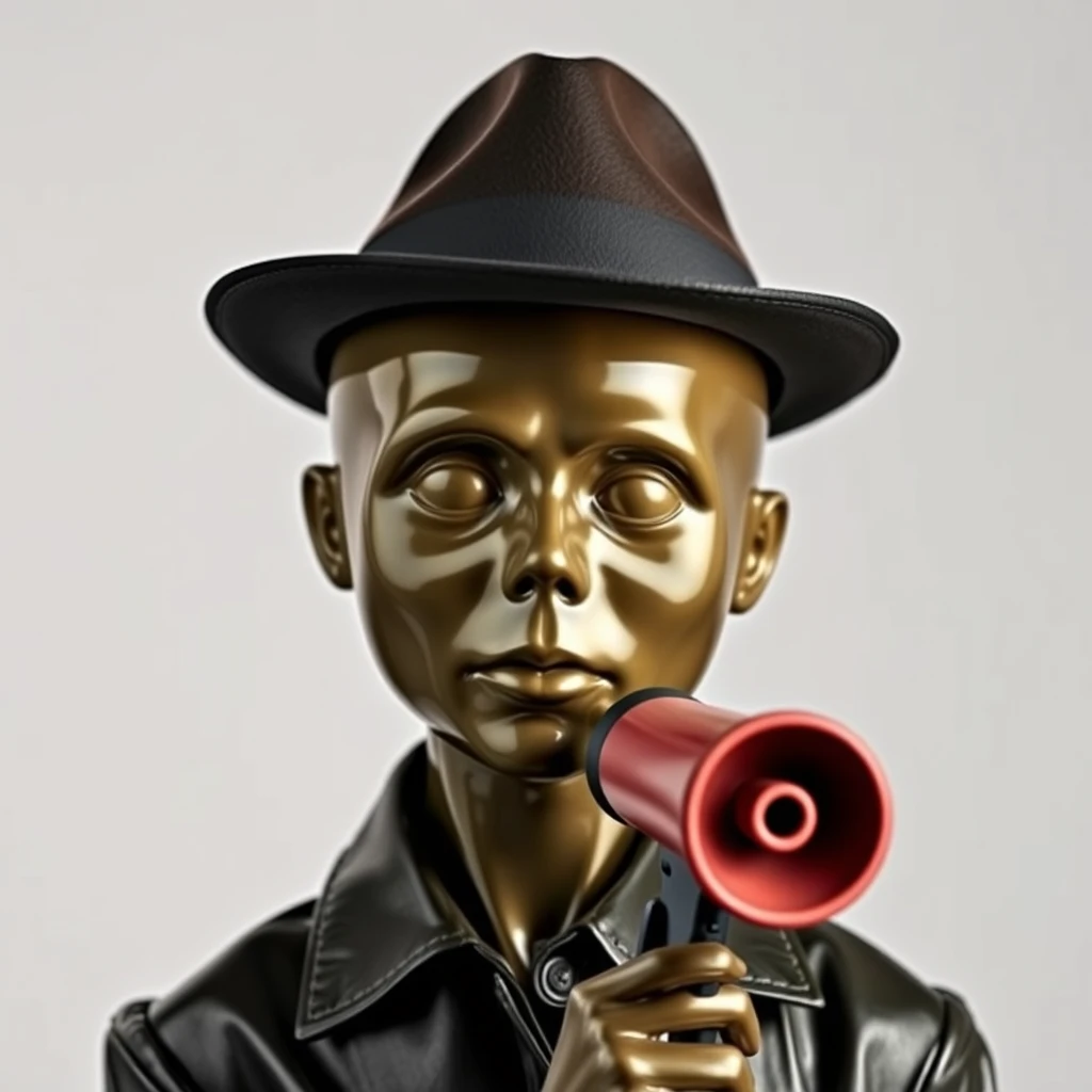 a scary reflective skinned doll face with an oil slick color mannequin with a smooth bulbous head carrying no facial features, wearing a fedora and holding a fake megaphone. - Image