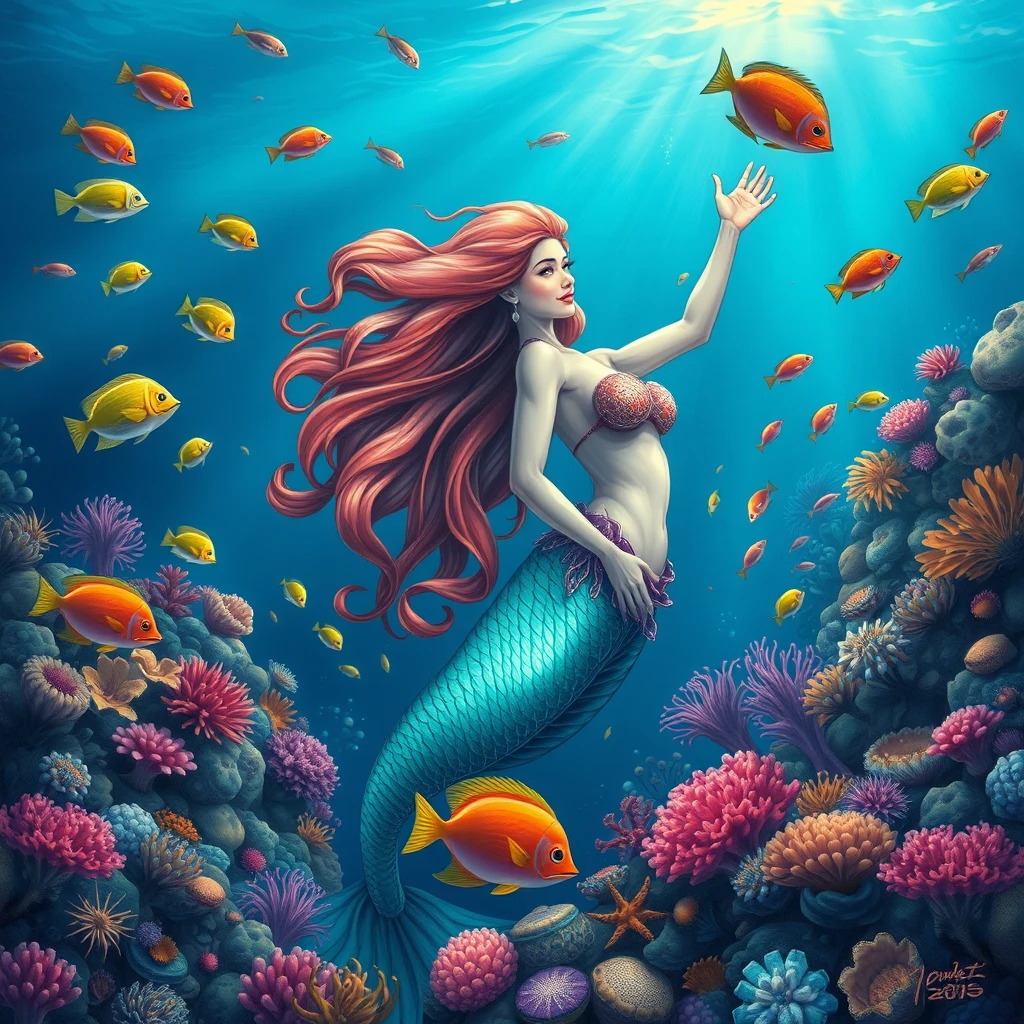 "Draw a beautiful mermaid in the deep sea with colorful tropical fish. There are also many coral reefs and sea creatures there. Ultra-realistic, 8k, best quality, overwhelming graphics." - Image