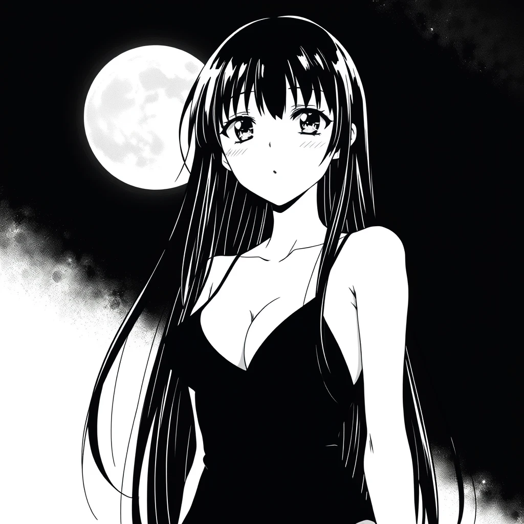 Girl with long, black hair in a black bikini. In the background, a black sky with a big, bright moon. Manga, grayscale. SFW.