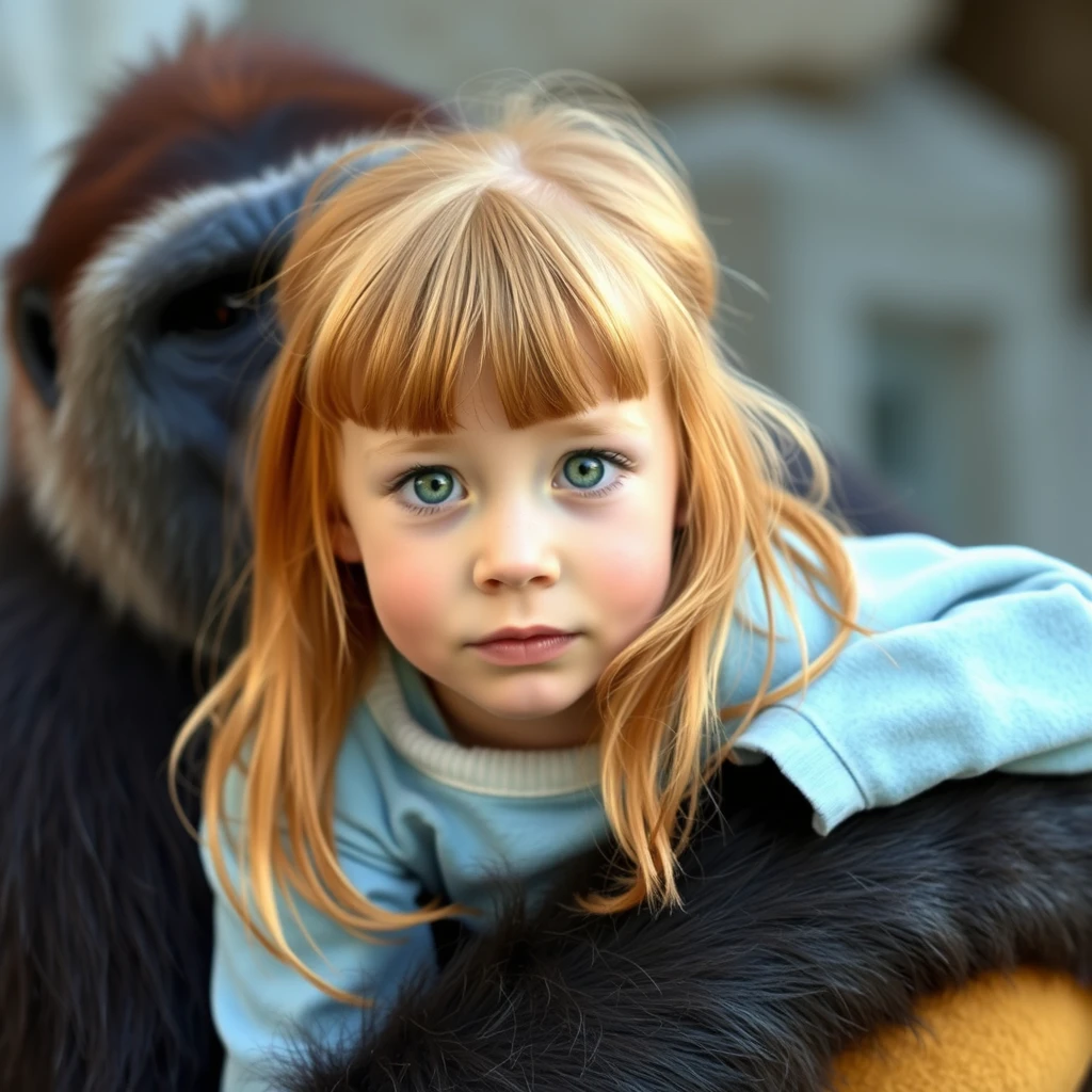 A cute ginger Russian green-eyed teenage girl with bangs is being carried by a gorilla wearing light blue and white clothes.