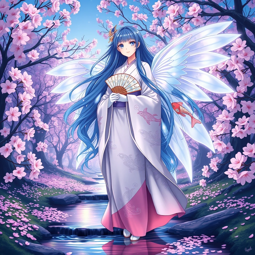 Envision a radiant anime goddess standing amidst a serene cherry blossom grove. Her long, flowing hair cascades in a rich shade of sapphire blue, catching the soft glow of the twilight sky. Her eyes sparkle with a mystical lavender hue, reflecting the stars that begin to twinkle above. She is adorned in a traditional kimono, its fabric a delicate blend of pale moonlight and the deep ocean, with intricate patterns of cherry blossoms and koi fish that dance around the hem.

The kimono's sleeves flutter gently in the evening breeze, revealing the subtle glow of her translucent wings, an ethereal blend of pastel hues that seem to shimmer with each beat. Her hands are adorned with elegant gloves that reach her elbows, embroidered with delicate cherry blossom motifs.

The goddess holds a fan made of cherry wood, the surface inlaid with mother-of-pearl, reflecting the soft light of the setting sun. At her feet, a small brook babbles by, its surface speckled with fallen petals, creating a pathway of pink and white that leads to a small wooden bridge, arched gracefully over the water.

In the background, the ancient Japanese village is bathed in the warm glow of lanterns, their light flickering through the trees, casting long shadows that dance with the falling petals.
 The air is filled with the soft scent of sakura and the distant sound of a koto, its melody as enchanting as the goddess herself.

Create this scene with a focus on the delicate interplay of light and shadow, the softness of the colors, and the tranquility of the moment."