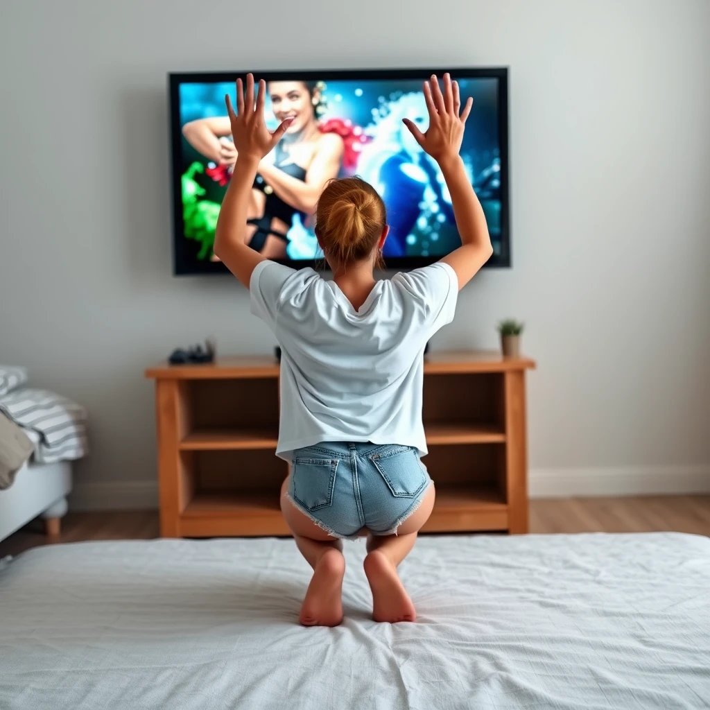 A skinny woman is in her bedroom wearing a giant white T-shirt and light blue denim shorts, without shoes or socks. She crouches down in front of her big-screen bedroom TV, facing towards the magical TV that she’s diving into, head and arms first. With both arms straight out, she lunges simultaneously towards the TV, and her arms are so blurry from how quickly she lunged. The bottom part of her T-shirt rides up and outwards, almost revealing her chest due to how high her arms are raised. - Image