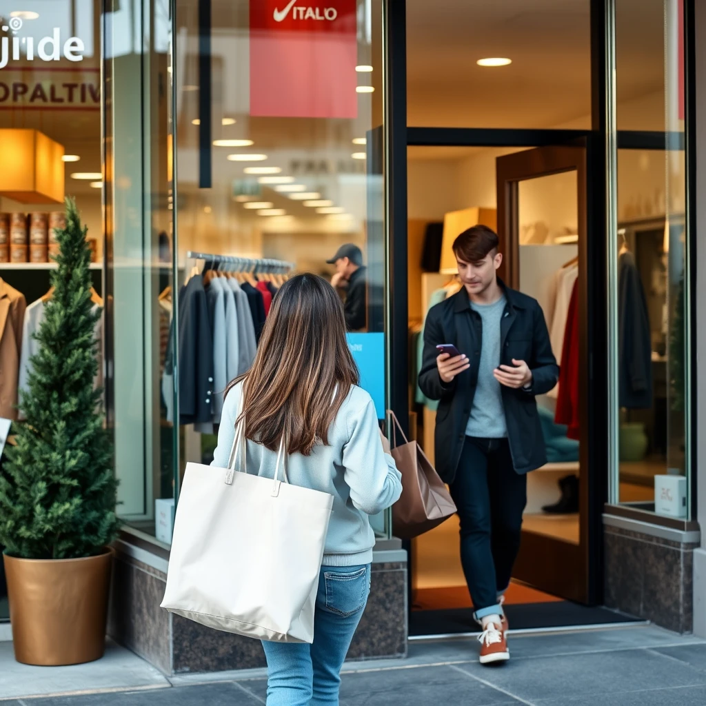 A pair of shoppers entering a local retail shop from the sidewalk with their phones in hand. - Image