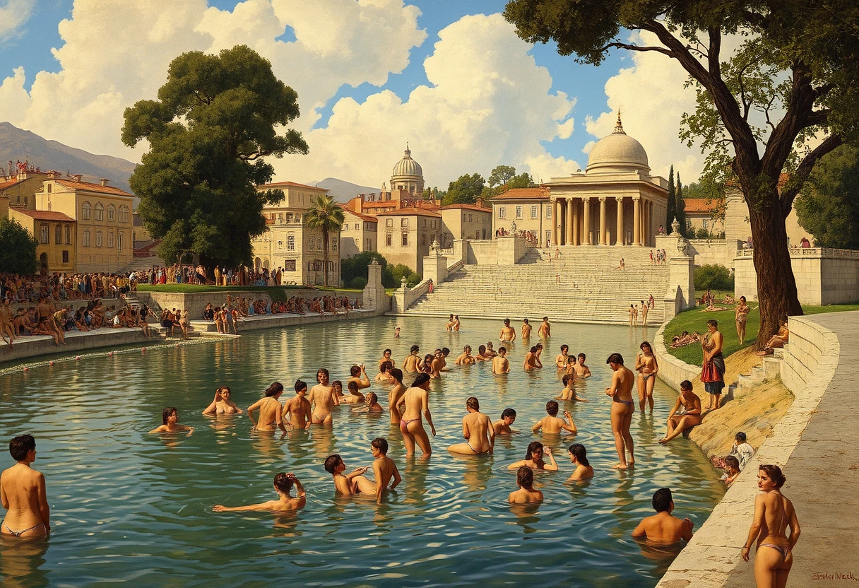 Nude Bathing women 1890's, crowd, large river, buildings, tree, stone steps, Persian temple, sky, rule of thirds, Art by Edwin lord weeks. - Image