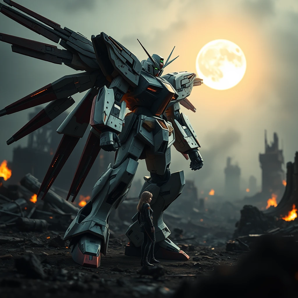 hype realistic gundam wing mech standing in a dystopia battlefield, realistic reflections, battle damage on the gundam, smoldering ruins, 8k, cinematic, dynamic camera angle, atmospheric lighting, dark and gritty, moonlight, realistic surfaces, sharpened image, bokeh, depth of field, female pilot by the gundam's foot - Image