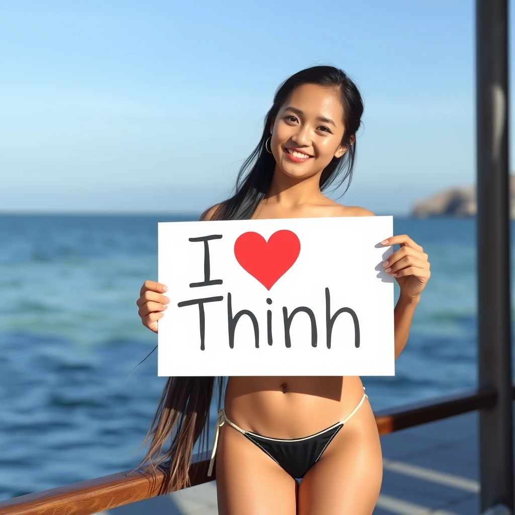 A young woman in a bikini holding a sign with the text "I love Thinh."