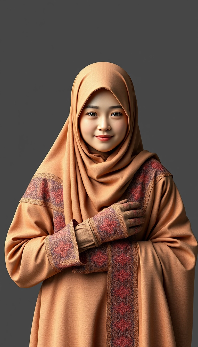 A 3D, 8k depiction of a Muslim woman from Palembang, wearing a traditional long songket and a long gown (gamis). She is adorned with a hijab that covers her chest and wears batik gloves covering her hands.