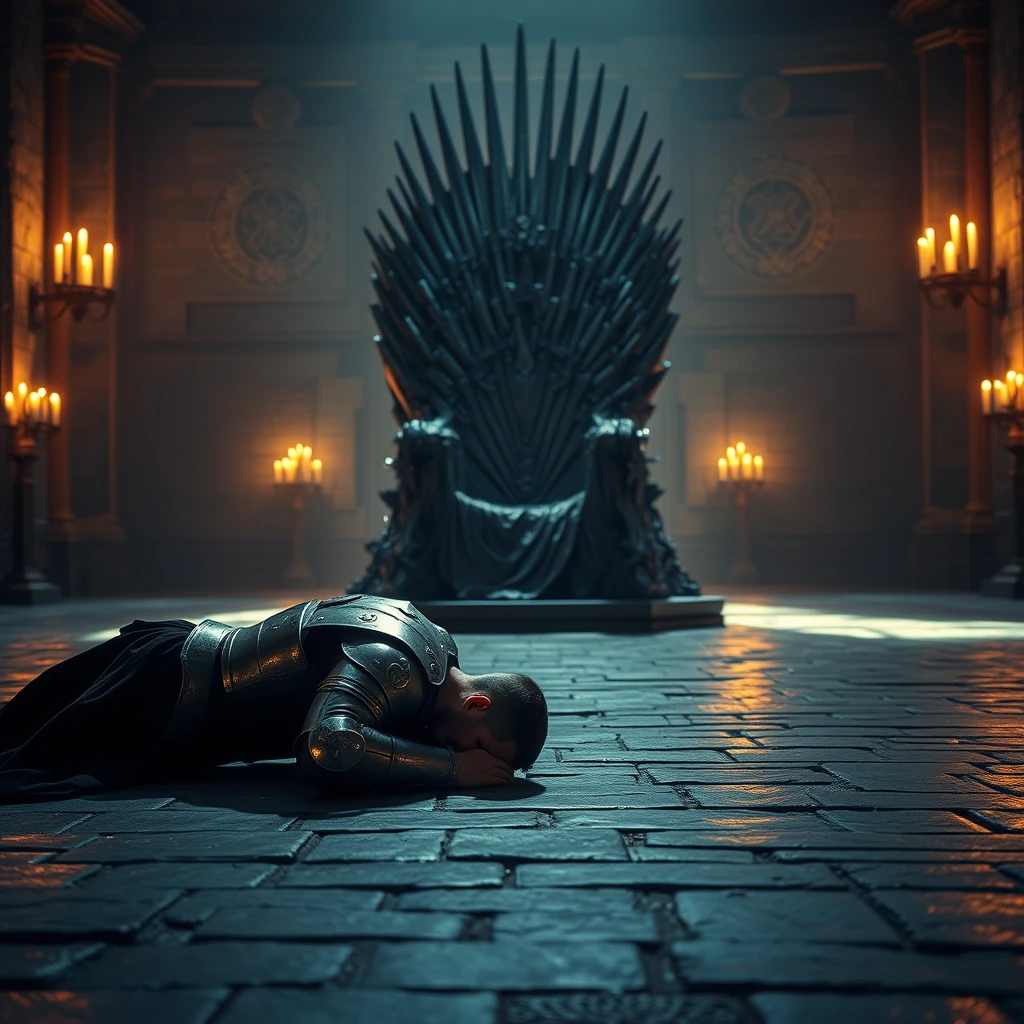 [Scene] This cinematic photograph, rich in detail and dramatic lighting, transports the viewer to a grand hall in medieval Europe. The cold, stone floor reflects the flickering candlelight that dances across the scene, casting long, dancing shadows. In the center of the composition stands a towering, iron throne, its sharp angles and unforgiving metal a symbol of power and authority.  
[Character] Before this imposing throne, a handsome, powerfully built king, clad in heavy plate armor, prostrates himself in fervent prayer. His head is bowed low, touching the cold stone floor, his armored body forming a stark silhouette against the dimly lit background. The weight of his armor and the vulnerability of his posture speak to the burden of leadership and the solemnity of his supplication.