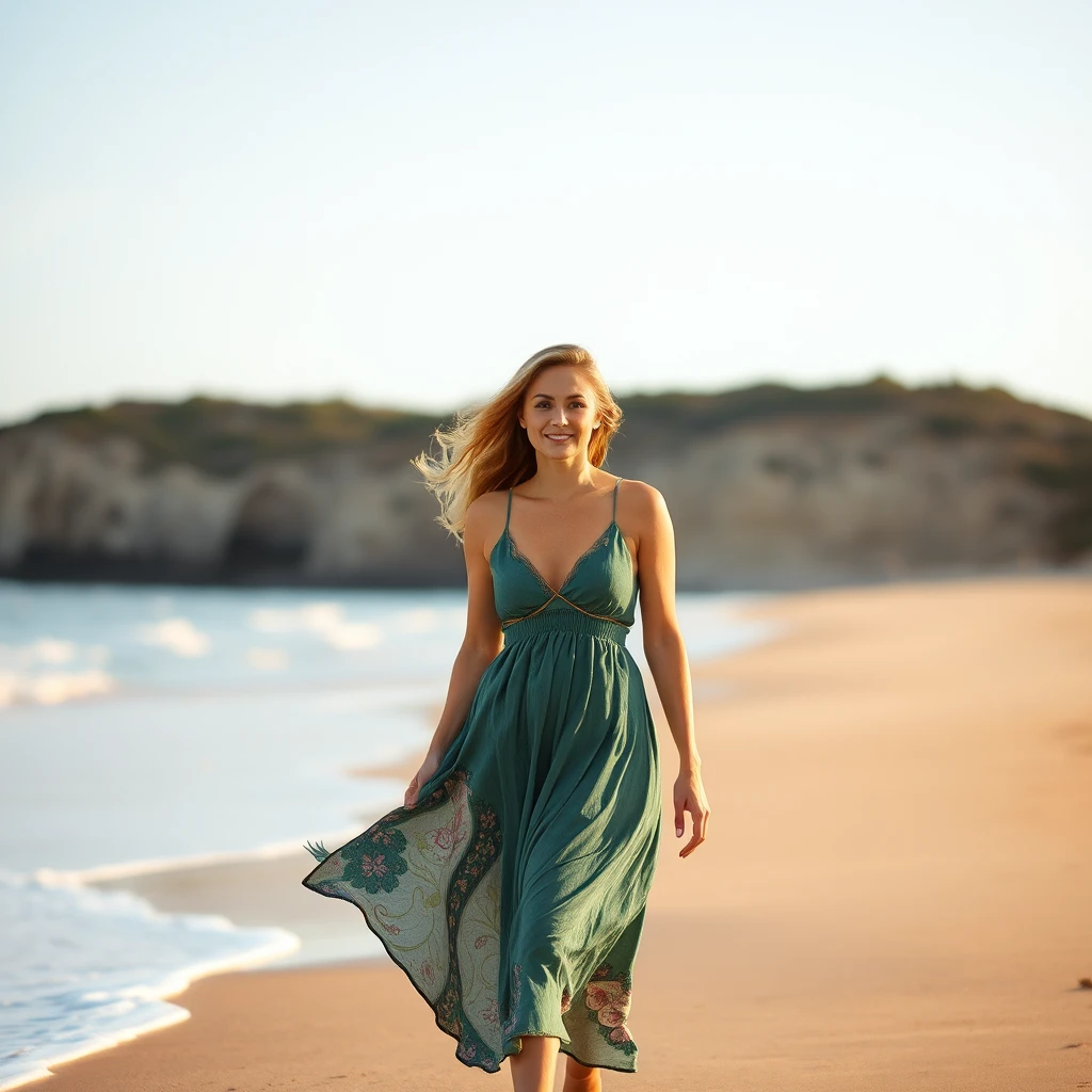 A beautiful woman walking on the beach. - Image