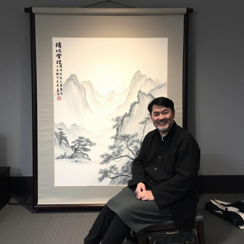 Sitting in front of the Chinese landscape ink painting. - Image