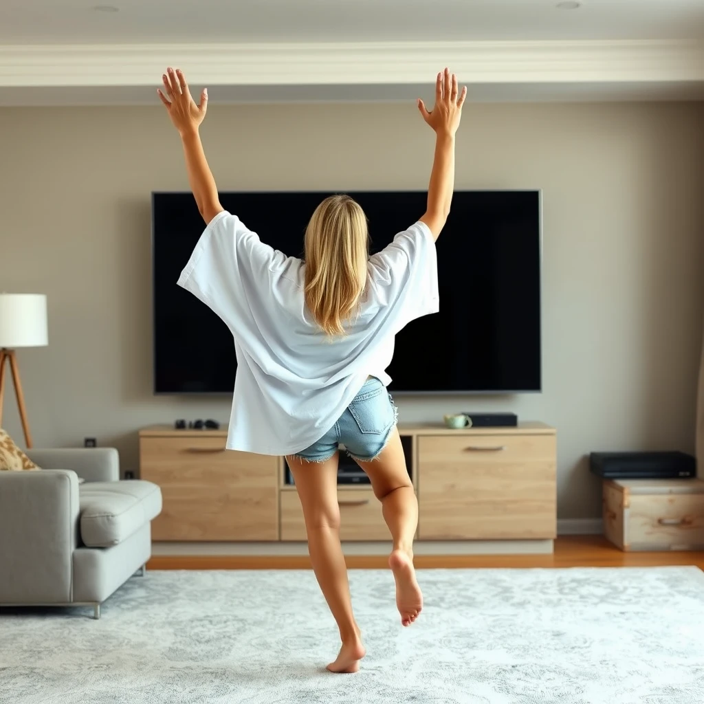 Side view angle of a skinny blonde woman in her massive living room, wearing a hugely oversized white t-shirt that is very unbalanced on one sleeve, along with oversized light blue denim shorts. She is barefoot and facing her TV, diving head first into it with both arms raised below her head and her legs lifted high in the air. She is at a 60-degree angle and is already halfway through the TV screen. - Image