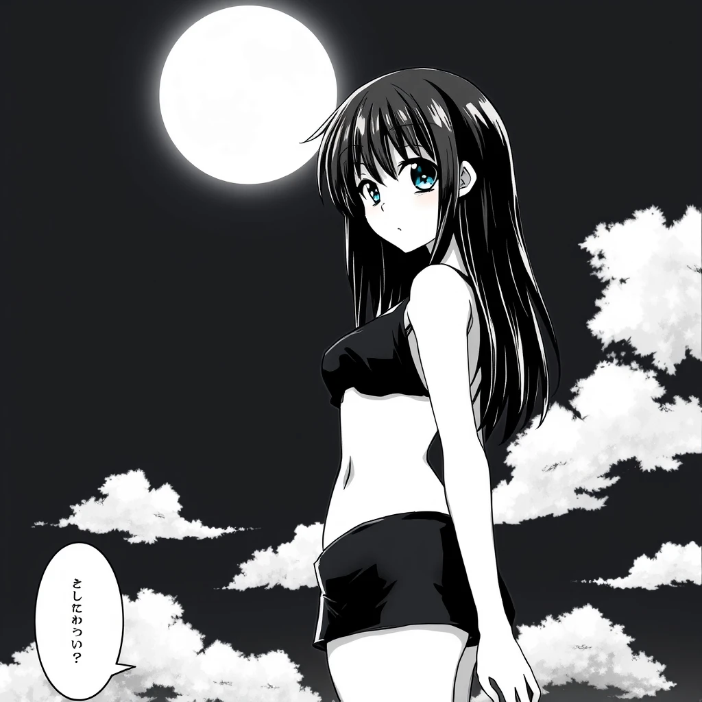 Black-haired girl in a black bikini. In the background, a black sky with a big, bright moon. Manga, grayscale. - Image