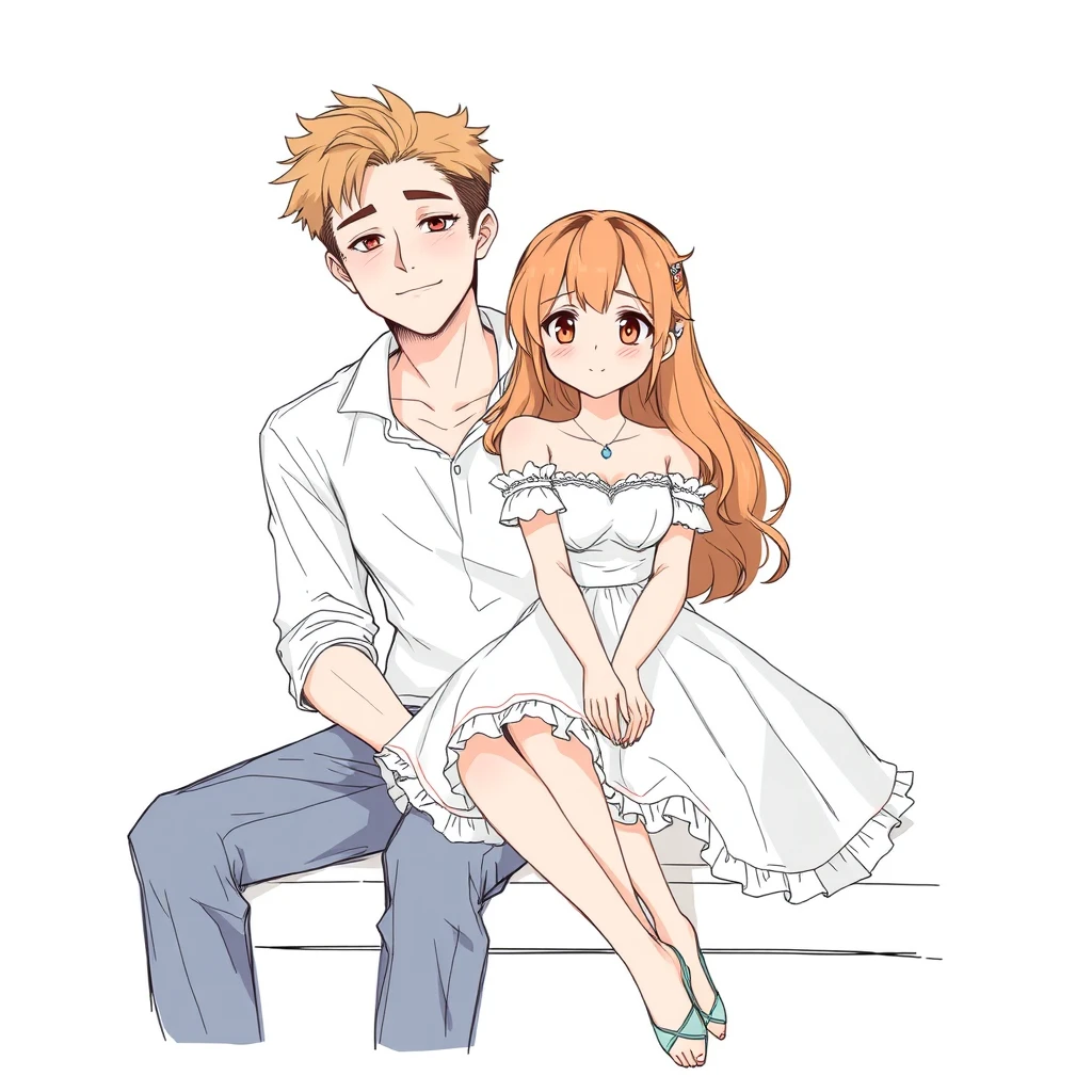 Anime sketch of a young woman in a cute dress sitting with her tall and handsome boyfriend.