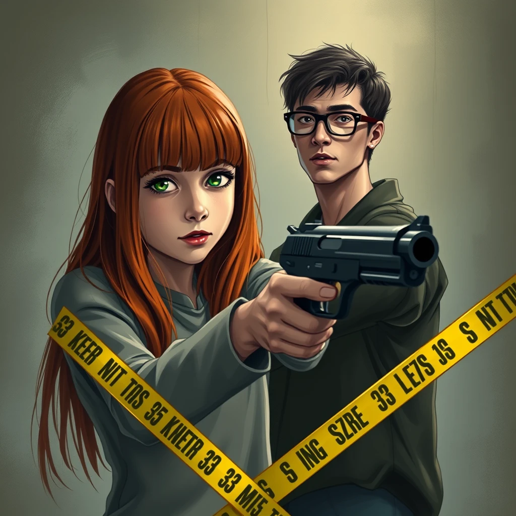 A death scene; a short, skinny teenage girl with long ginger hair and bangs, green eyes, shooting and killing a young, skinny, tall Italian white man who wears glasses. - Image