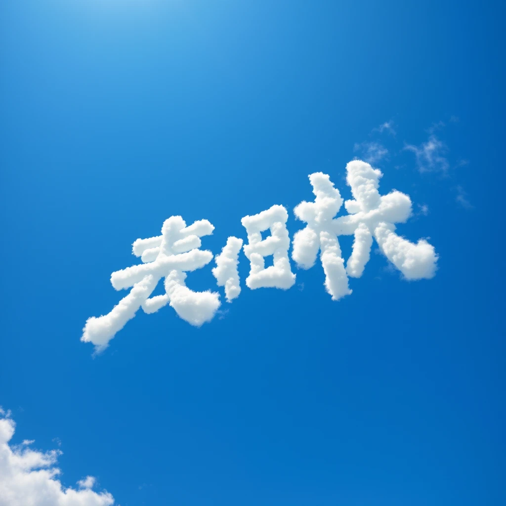 Sky: A vibrant blue sky, the kind of deep cerulean blue that evokes a feeling of vastness and serenity. It's a clear, sunny day with no other visible elements except for the clouds.   
Clouds: Fluffy, white clouds form the characters Sichuan University. Each character is distinct and clearly readable, formed by meticulously shaped clouds. The clouds have a realistic texture, with soft edges and subtle variations in density and opacity.   
Perspective: The perspective is from the ground looking up, giving the impression of gazing up at the sky and seeing the characters written across the heavens.   
Lighting: The sun shines brightly from above, illuminating the clouds and casting subtle shadows that give them depth and dimension.   
Details: Pay attention to the details of the cloud formations, ensuring they accurately represent the shape and stroke order of the Chinese characters. The clouds should appear natural and believable, despite forming specific shapes.   
Overall Style: Photorealistic, capturing the beauty and wonder of a clear blue sky with the unique and awe-inspiring phenomenon of clouds forming characters.   
Color Palette: Predominantly blue and white, with the vibrant blue of the sky contrasting beautifully with the pure white of the clouds. The sun's light adds a warm, golden hue to the scene. - Image