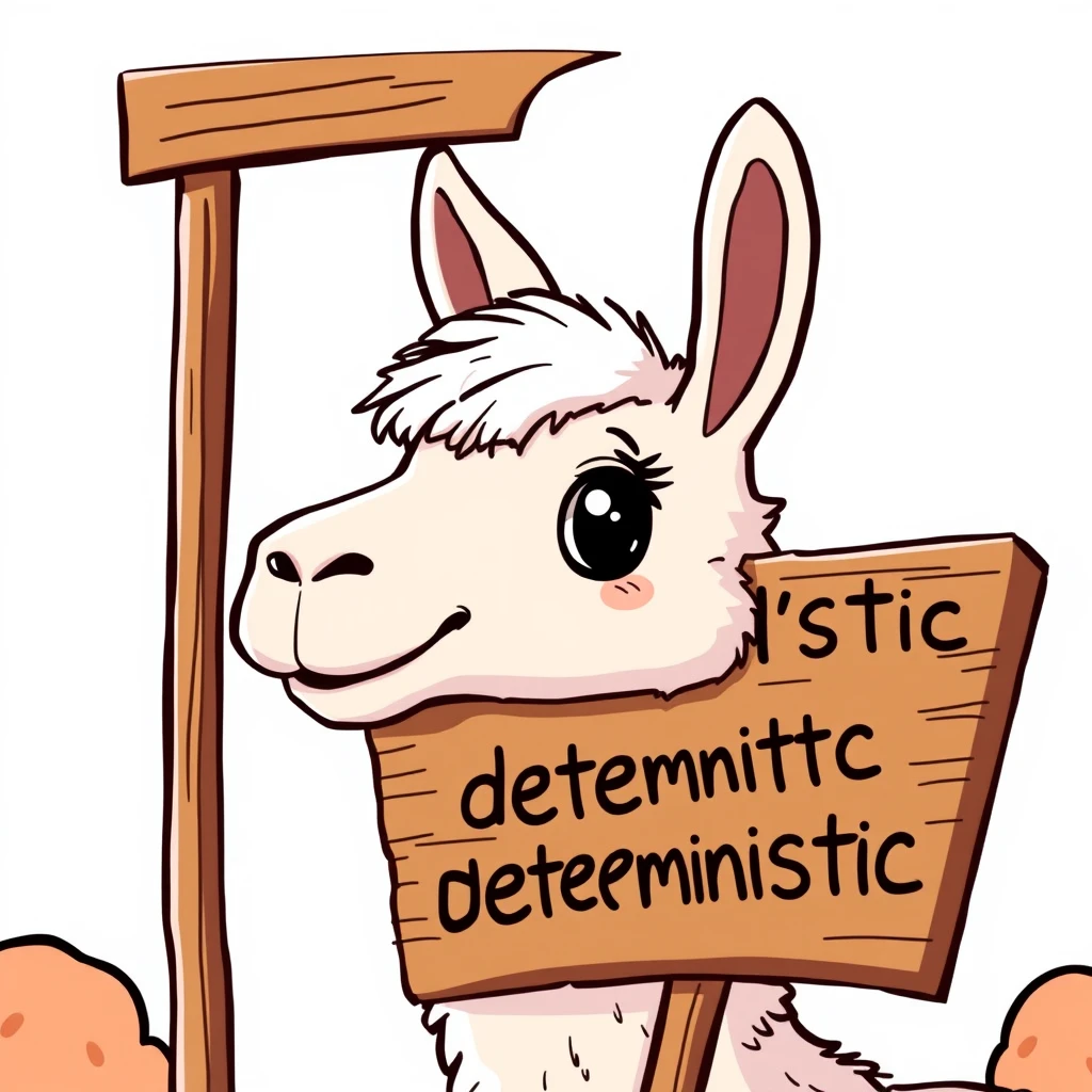 A cartoon llama with a signboard that reads "I identify myself as deterministic." - Image