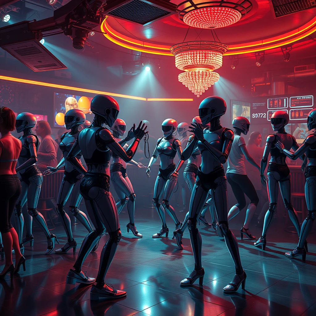 Night club dance floor, the night club is occupied exclusively by sexy humanoid robots and androids, robots wear clothing, close up of dancing.