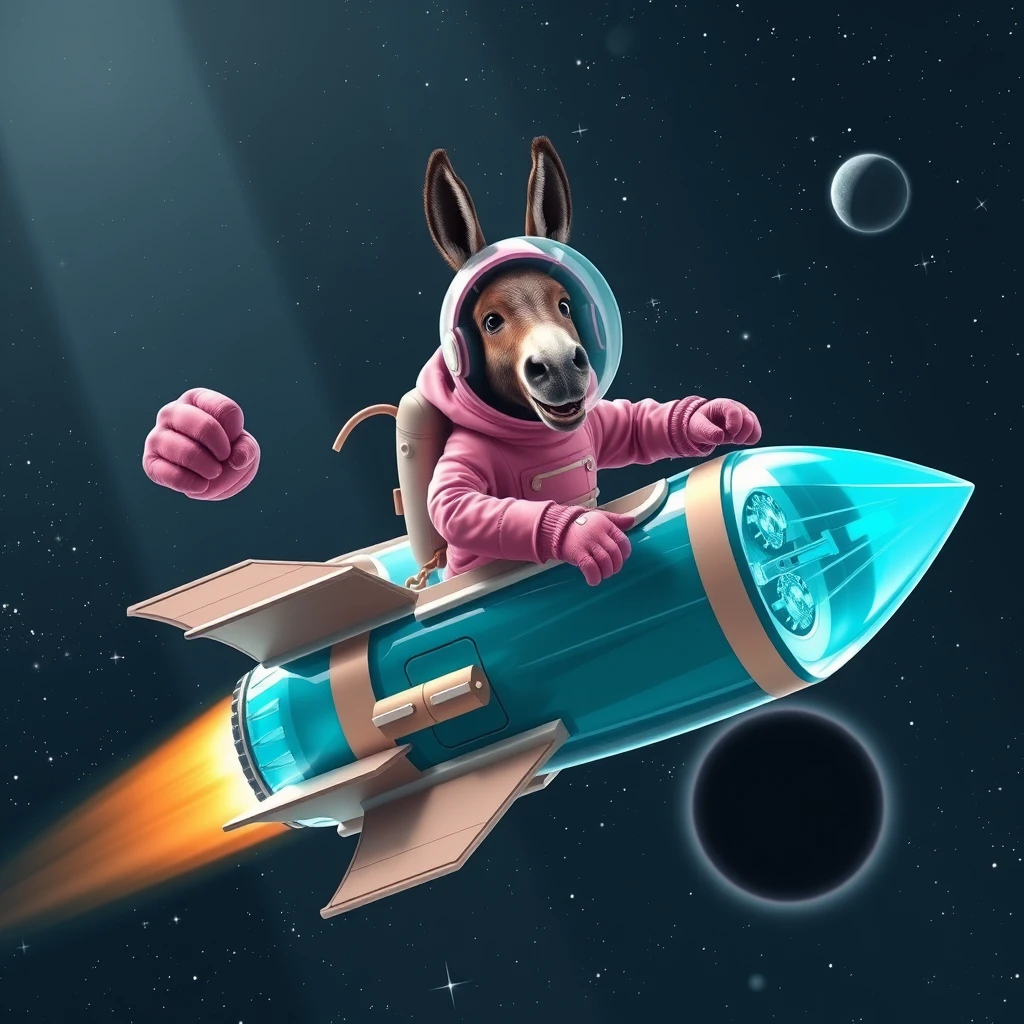 An ambitious donkey wearing pink astronaut costume, riding on a crystal stunning cyan spaceship, making a punching gesture, flying to the outerspace under a clear night sky with lots of shining stars, passing by a huge black-hole. Realistic style. - Image