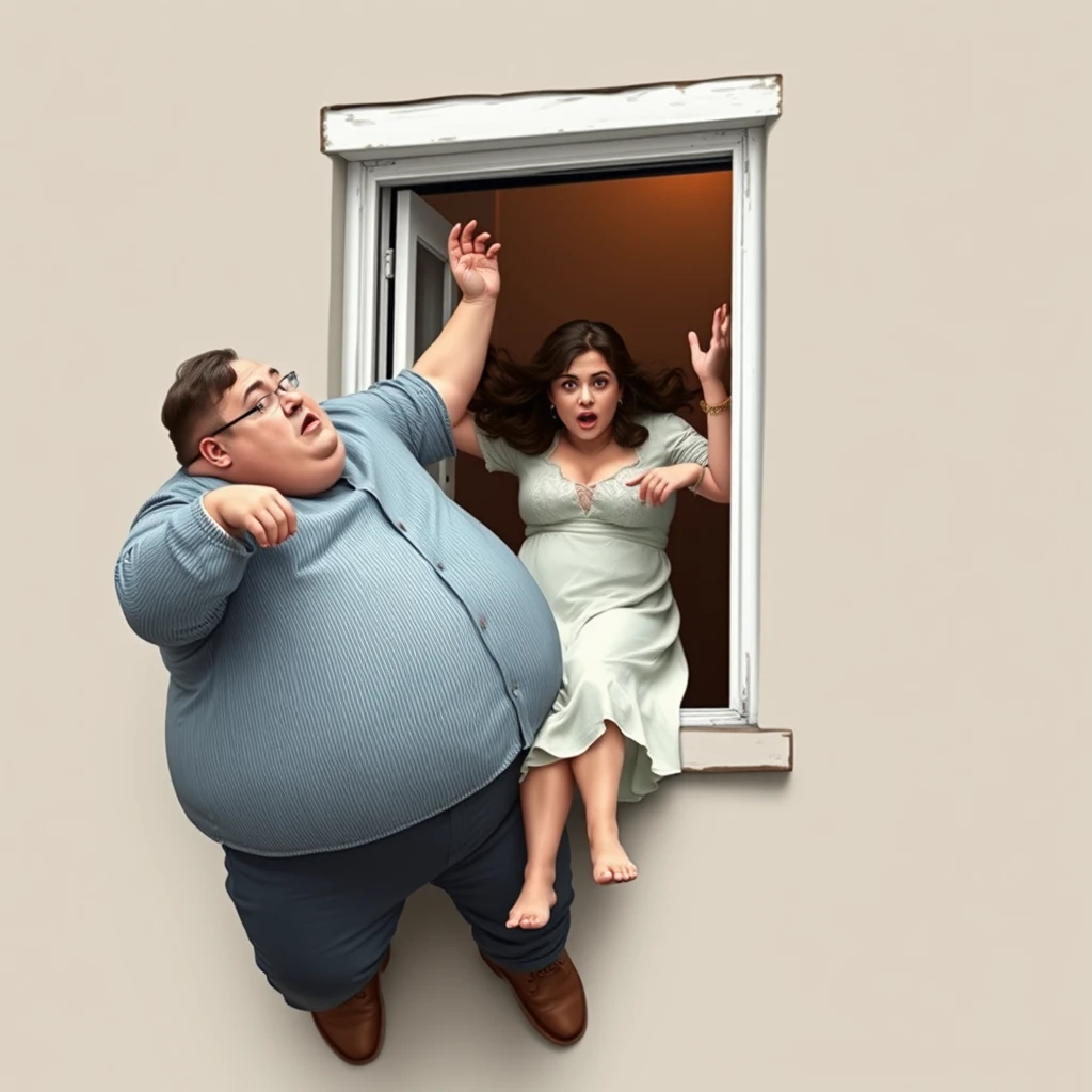 A fat man pushed a woman out of the window, and the woman fell out of the window, scared. - Image