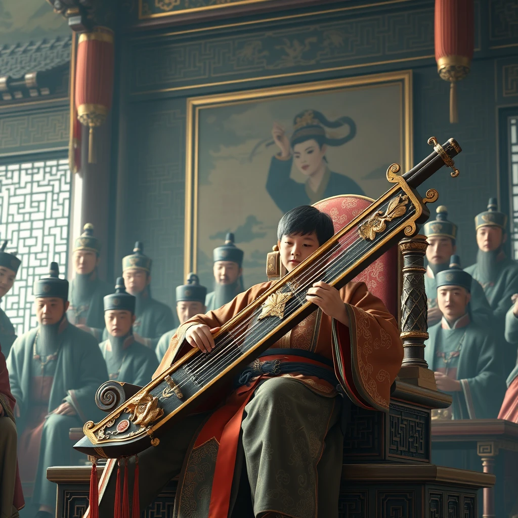 
a boy on the throne, playing a beautiful awesome artistic zheng, with a long neck and strings, in the imperial palace, surrounded by courtiers, all in traditional ancient Chinese clothing, ((masterpiece))