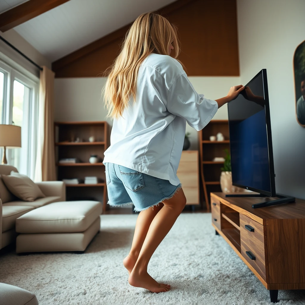 Side view angle of a skinny blonde woman in her large living room, wearing an extremely oversized white t-shirt that drapes unevenly on one shoulder, along with oversized light blue denim shorts. She is barefoot, facing her TV as she dives head first into it, at a 60-degree angle, already halfway through the TV screen. - Image