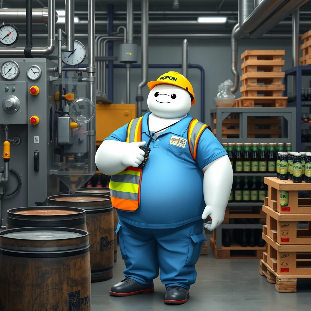 Baymax works in the quality control and inspection area of a beer bottling company, surrounded by machinery, a barrel, gauges, measuring instruments, pallets, beer bottles, dressed in a blue polo shirt that covers his entire torso, safety gear, a reflective vest, safety shoes, a walkie-talkie, industrial safety goggles, blue cargo pants, and a yellow helmet with the word POPON written on it. The clothing has the word POPON written on it.