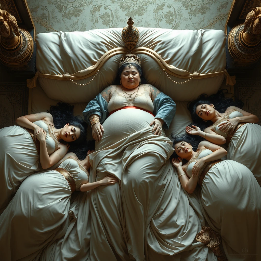 A group of palace maids lay down to form a human bed with their large breasts and bodies, while the plump empress rests on top. - Image