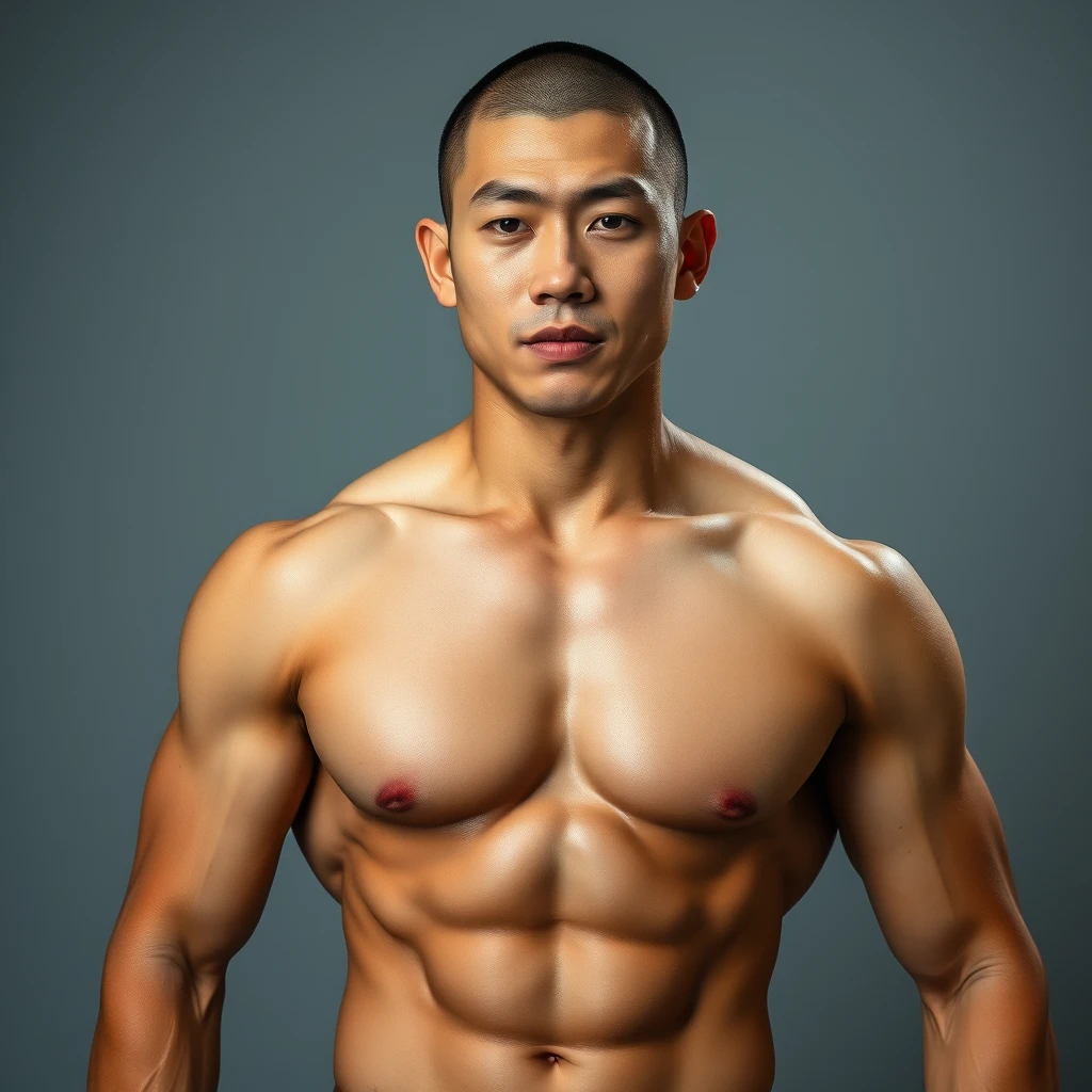 "a full body portrait of a muscular beefy Asian male, with a thin layer of fat over his muscles, buzz cut, 32k uhd, real" - Image