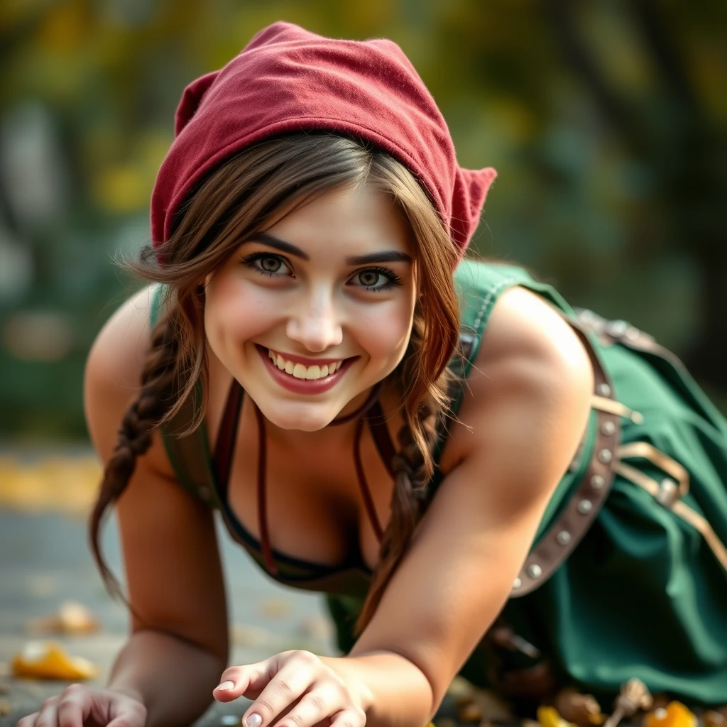 Female college freshman dressed in a Robin Hood-style outfit with a halter-neck top crawling toward the camera with a cheeky playful grin.