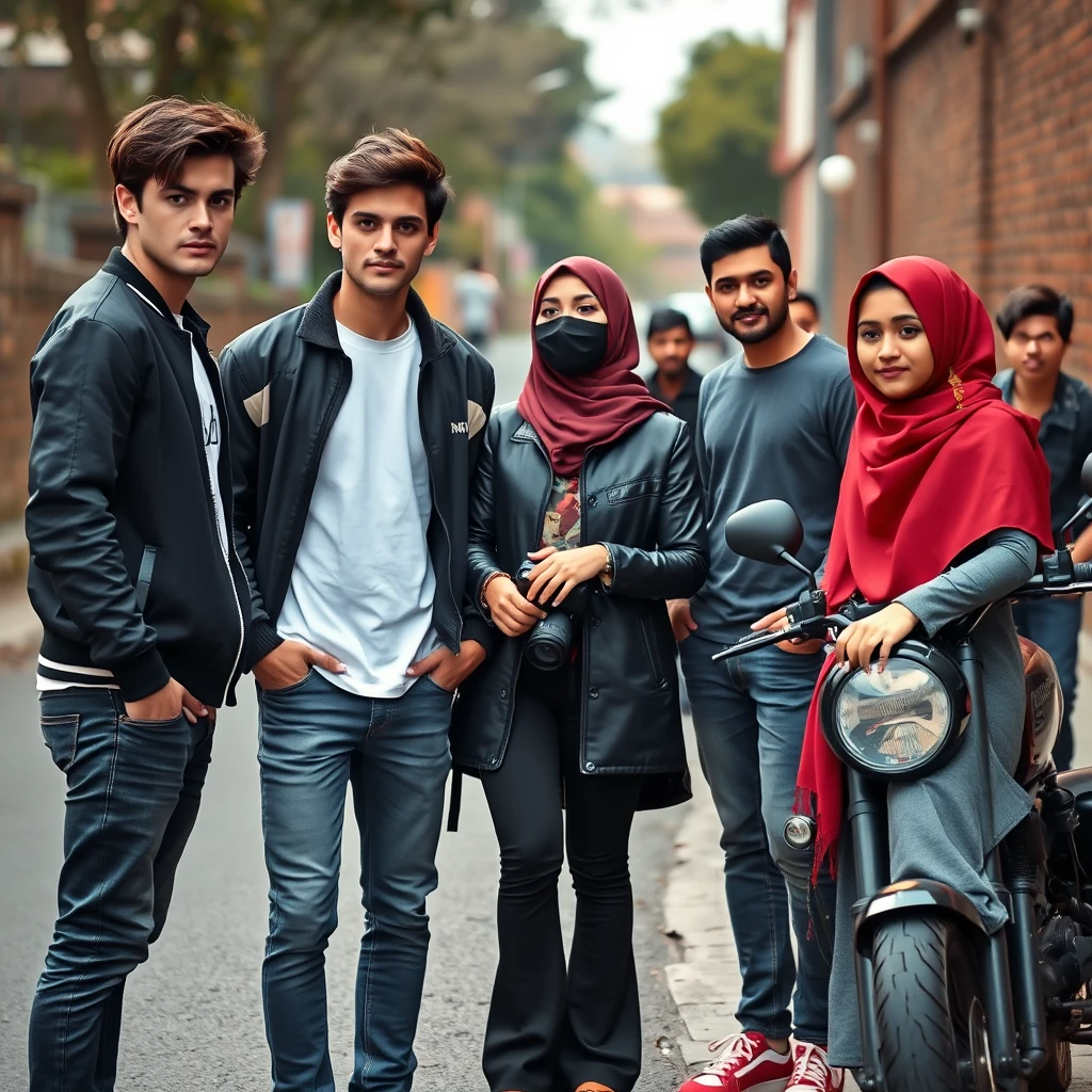 Jamie Dornan and Freddie Prinze, head and body shot, handsome, young, serious face, dark brown hair, white T-shirt, college jacket, skinny jeans, sneakers, standing, discussing with two guys and a slender Muslim girl in a short red hijab, beautiful eyes, black face mask, black leather jacket, grey long T-shirt, bell-bottom jeans, red sneakers, holding a Canon DSLR camera, near a town road, superbike, hyper-realistic, street photography, brick wall, full body photo, five other random smiling friends in the back.