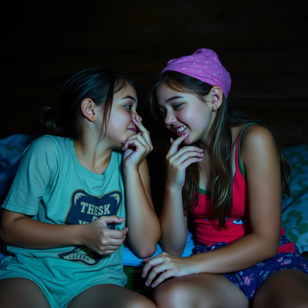 Two summer campers in the girls' cabin at night stimulate each other's most sensitive areas. - Image