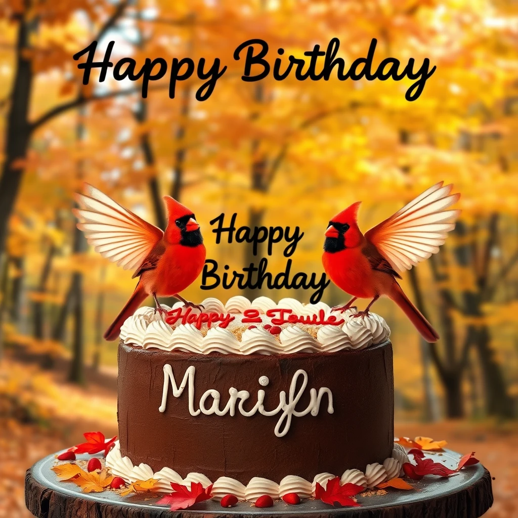 Birthday cake in an autumn maple forest that says "Happy Birthday Marilyn." There are two cardinals showcasing the cake with their wings. - Image