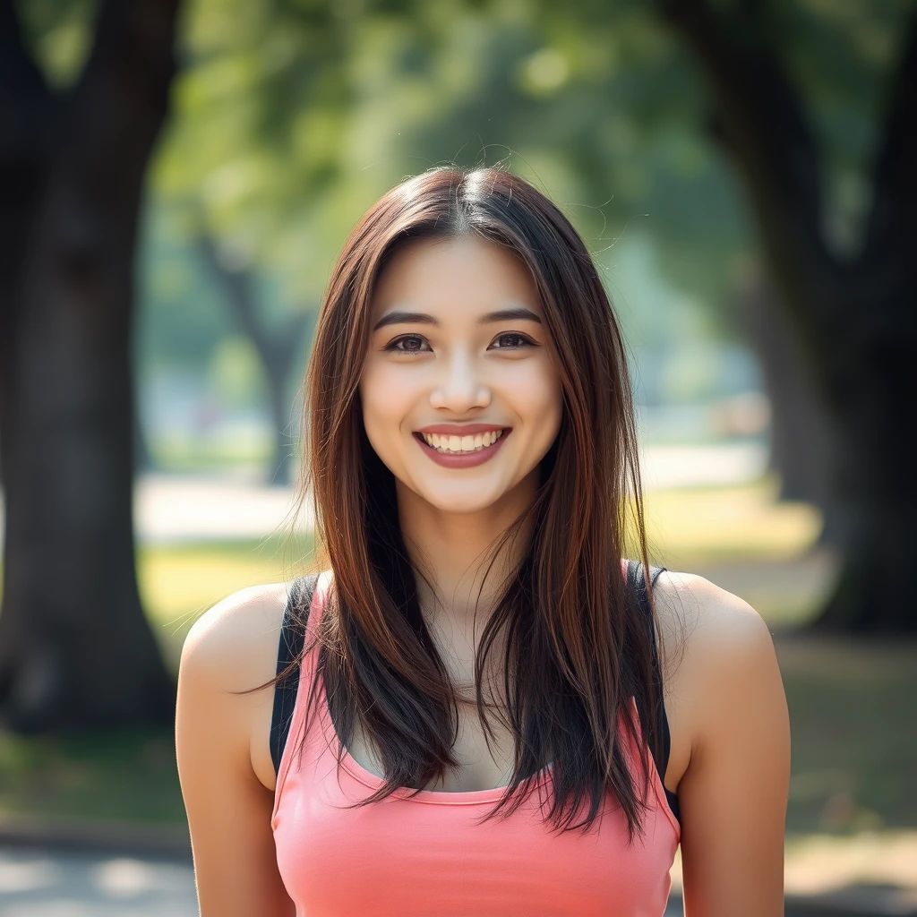 A beautiful Korean woman, ulzzang, wearing a tank top, sweating, in a park, smiling. - Image