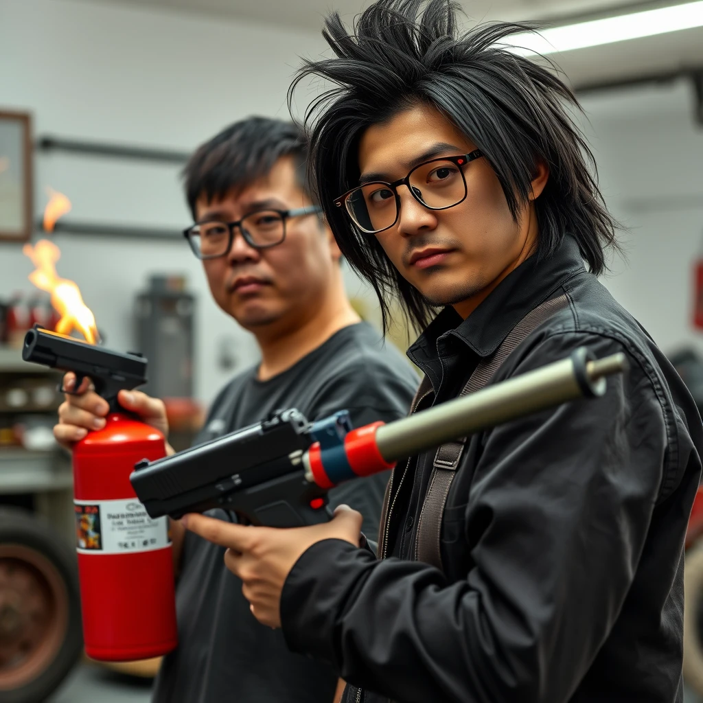 21-year-old white Chinese man wearing square glasses, long black fringe mullet, holding a pistol; 21-year-old white Italian man wearing round glasses and short hair holding a very large fire extinguisher flamethrower, in a garage setting.