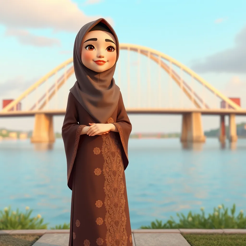 A 3D cartoon animation of a Muslim woman from Palembang, Indonesia, wearing a traditional long songket dress. She stands gracefully in front of the iconic Ampera Bridge, which arches beautifully in the background. The scene is rendered in stunning 8k resolution, capturing the vibrant colors and intricate details of the songket fabric. The woman's expression is serene and peaceful, with a gentle smile. The overall atmosphere is warm and welcoming, showcasing the cultural beauty and elegance of Palembang.