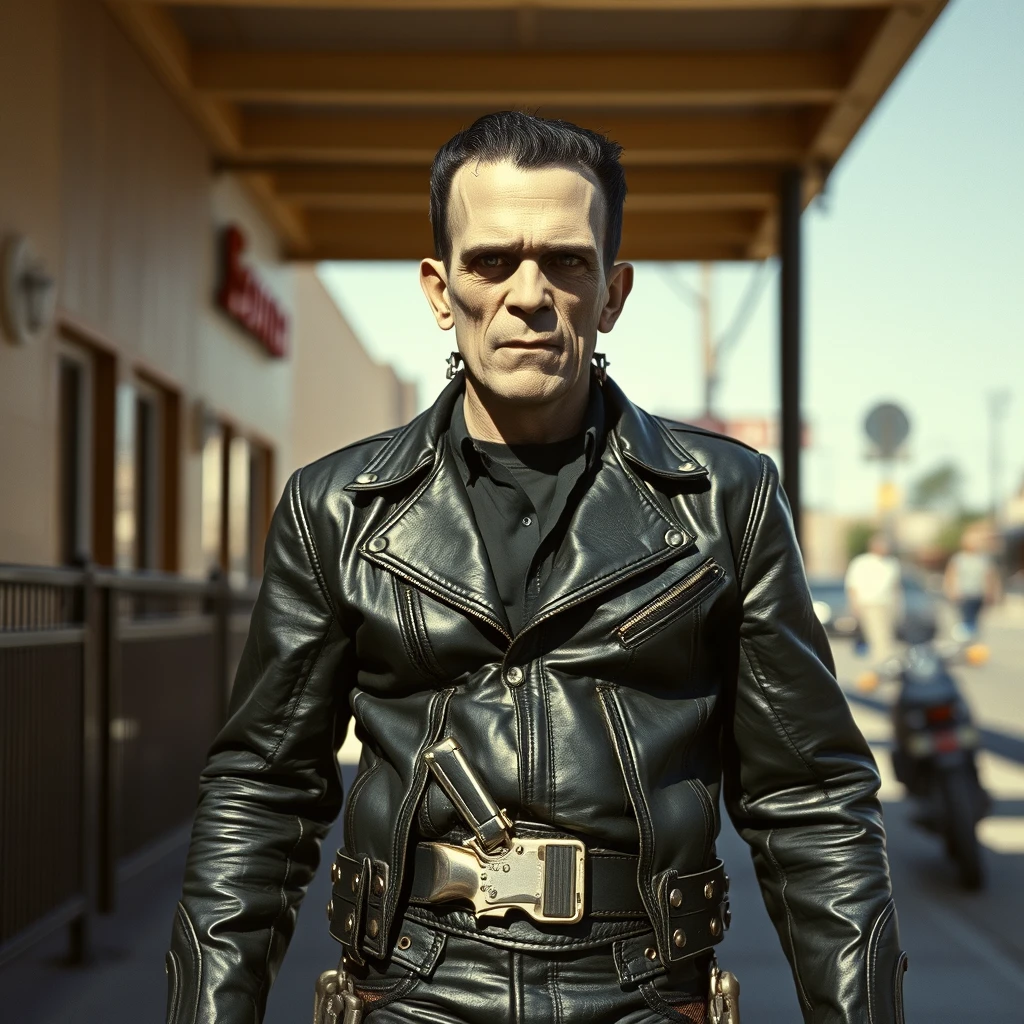 Boris Karloff as Frankenstein the Hells Angels biker, walks down the sidewalk, dressed in leather, wearing a cowboy pistol belt, the noonday sun is bright, photo-realistic, leering, aggressive, 4k. - Image