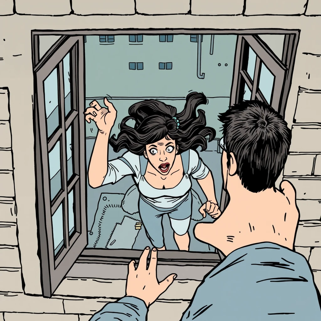 A woman is pushed out of the window by a man, she is panicking, view from above, comic.